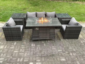 Fimous 5 Seater Outdoor PE Rattan Garden Furniture Set Gas Fire Pit Dining Table Gas Heater Burner in Dark Grey