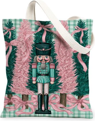 Generic Vintage Nutcracker Canvas Tote Bags, Christmas Tree Design Reusable Grocery Bags, Lightweight Washable Shoulder Strap, Green, 13x15 Inch
