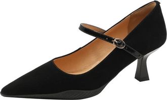 TinaCus Womens Pointed Toe Genuine Leather Handmade Slip On Buckle Mid Chunky Heel Mary Janes Pumps Shoes, Black, 5 UK