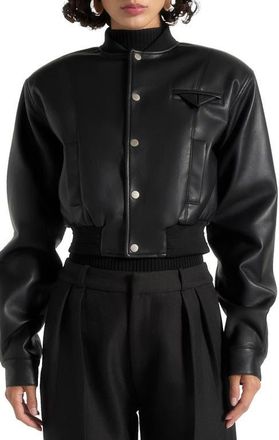 Mani&egrave;re De Voir Zina Leather Wide Shoulder Bomber Jacket in Black at Nordstrom, Size 10