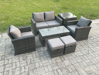 Fimous 6 Seater Outdoor Rattan Garden Furniture Set Patio Lounge Sofa Set with Coffee Table Side Table 2 Small Footstools in Dark Grey