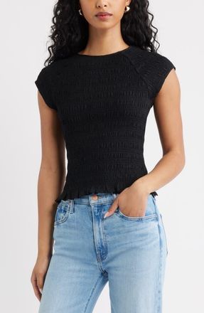 Open Edit Cap Sleeve Smocked Top in Black at Nordstrom, Size Xx-Small