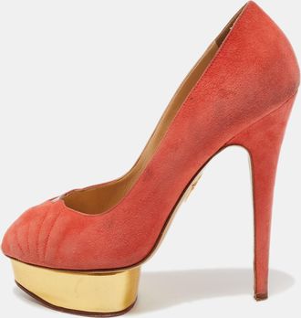 Charlotte Olympia Coral Pink Suede Peep Toe Platform Pumps