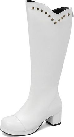 Generic Womens Goth Knee High Riding Boots Fashion Studded Decor Square Toe Block Heels Punk Shoes with Back Zipper (5.5,White)