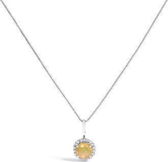 House of Brilliance 10K White Gold Opal and 1/10 Cttw Diamond Accent Halo Pendant Necklace