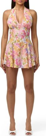 Naked Wardrobe Printed Pleated Skirted Chiffon Romper in Blush Bloom at Nordstrom, Size X-Large