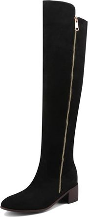 Generic Black,4.5 UK,Fashion Side Zipper Knee High Boots for Womens Round Toe Chunky Heels Tall Boot Suede Party Club Fall Winter Comfy Dress Shoes