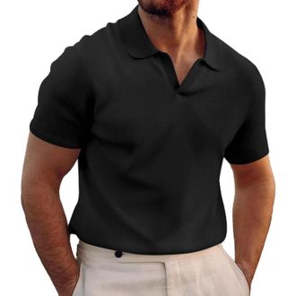 Generic Mens Ribbed Knit Golf T-Shirts with V-Neck Short Sleeve Slim Fit Polo Shirt Short Sleeve Sports Golf Polo Shirts T-Shirt Summer Polo Shirt for Men Fas