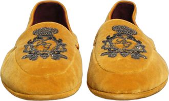 Dolce & Gabbana Mens Yellow Velvet Crown Embroidery Loafers Shoes Black Leather