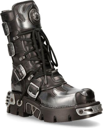 New Rock Flame Accented Black/Silver Leather Boots-591-S2