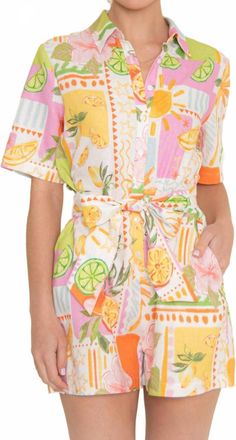 FORE COLLECTION Tropical Citrus Print Romper In Ivory Multi