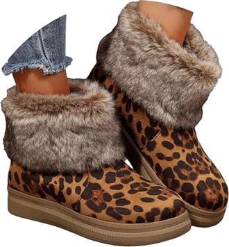 Generic Womens Plush-Lined, Warm, Thick-Soled, Comfortable Cotton Boots, Retro Furry Round Toe Anti-Slip Snow Boots Women (Leopard Print, M, Adult, Women, 3.5