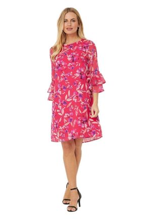 Wallis Petite Pink Watercolour Floral Ruffle Sleeve Shift Dress, 18, Pink