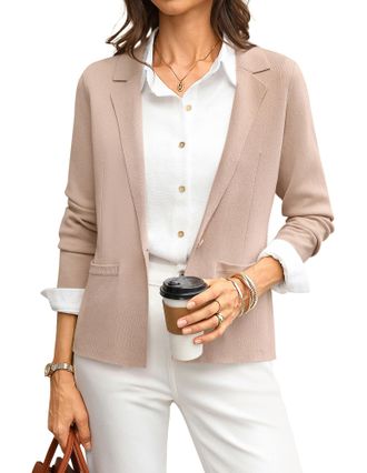 Grace Karin Womens Long Sleeve Blazers, Elegant Lapel V Neck Wedding Guest Cardigans, Casual Buttons Work Office Wear with Pockets CL081-02/Apricot XXL