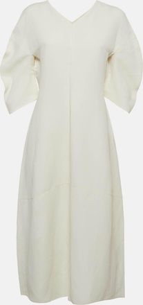Jil Sander White Linen Curved Sleeve V-Neck Midi Dress