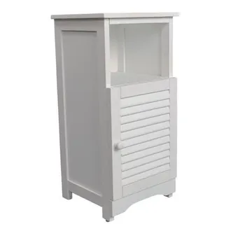 Happimess Serene Handcrafted Acacia Wood Bathroom Freestanding Floor Storage Cabinet with Louvered Door and Open Shelf in White at Nordstrom