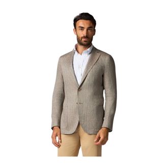 Brooks Brothers Jassen, Heren, Bruin, XL, Linnen, Linnen Blazer met Visgraatdessin
