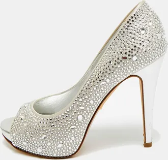Gina Size 37.5 Grey Satin Crystal Embellished Platform Peep Toe Pumps