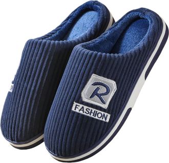 Generic Winter Plus Size Cotton Slippers for Mens Indoor Non-slip Warm Slippers(01 navy blue,46-47)