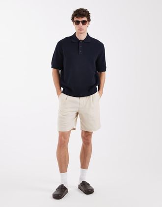 Selected Pantaloncini in puro lino color crema-Bianco