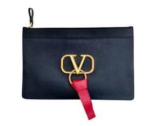 Valentino Garavani Valentino Black Leather V-Logo Clutch