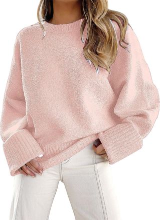 Generic Womens Jumpers Casual Loose Solid Crewneck Neck Long Sleeve Pullover Tops Cosy Warm Autumn Winter Sweater Ladies Knitwear, Pink, M