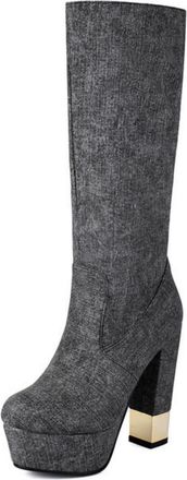 Generic Womens High Heeled Slouch Long Boots Pull on Mid-Calf Boots Round Toe Platform Casual Boot,Black,6.5 UK