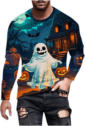 Generic Long Sleeve T Shirts for Men UK Crew Neck Halloween Tshirts Ghost Graphic Tee Shirts Funny Tops Casual Novelty Tops & T-Shirts Loose Fit Comfortable L