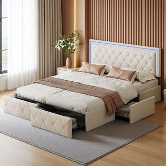 OEM Cama Doble 160x200 - Almacenamiento Integrado - Led Rgb - Dise&ntilde;o Elegante - Beige