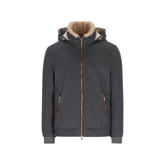 Brunello Cucinelli Bonded Wool Flannel Down Jacket With Detachable Hood