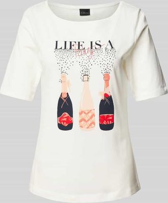 s.Oliver Black Label Regular Fit T-Shirt aus Baumwoll-Mix mit Schmucksteinen in Offwhite, Gr&ouml;&szlig;e 38