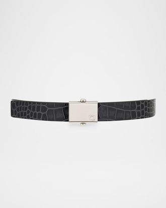 Ferragamo Mens Square-Buckle Reversible Croc-Effect Leather Belt