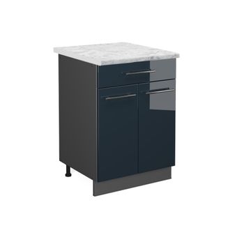 Vicco Mueble Bajo De Cocina Fame-line, Azul Oscuro Alto Brillo, 60 Cm Con Caj&oacute;n, Et M&aacute;rmol Vicco