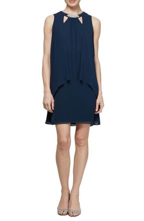 S.L. Fashions Chiffon Cutout Crew Neck Pearl Accent Dress in Navy at Nordstrom, Size 10
