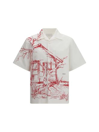 Prada Mens Bowling Shirt Cabin Print Red Cotton