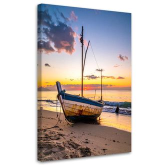Feeby Cuadro Sobre Lienzo, Barco Playa Mar Puesta De Sol, 70x100