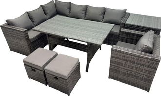 Fimous Fimous Outdoor PE Rattan Sofa Set with Dining Table Patio Garden Furniture Sets with Chair 2 Small Stool Side Table Dark Grey Mixed