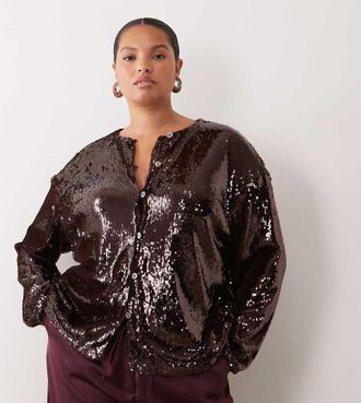 Pretty Lavish Curve top con paillettes, spalline imbottite e bottoni, color cioccolato-Marrone