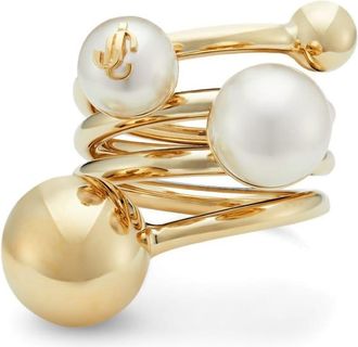 Jimmy Choo London debossed-logo multi-pearl ring - women - Brass/Resin - S - Gold