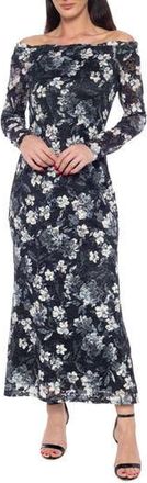 Marina Rossini Lace Off the Shoulder Long Sleeve Maxi Dress in Black/White at Nordstrom Rack, Size Medium