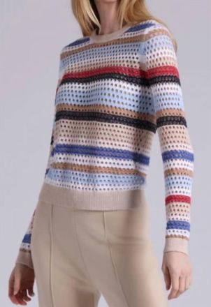 Minnie Rose Plaited Mesh Stripe Long Sleeve Crew Top In Multi