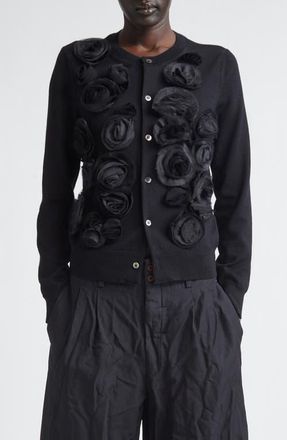 Comme Des Gar&ccedil;ons Rosette Appliqu&eacute; Wool Cardigan in Black at Nordstrom, Size X-Small