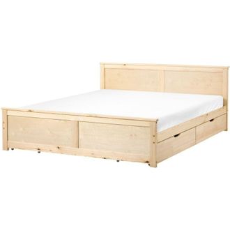 Beliani Storage Bed with 2 Drawers Natural Pine Wood MDF Birch Wood EU Super King Size 6ft Headboard Scandinavian DAUPHIN