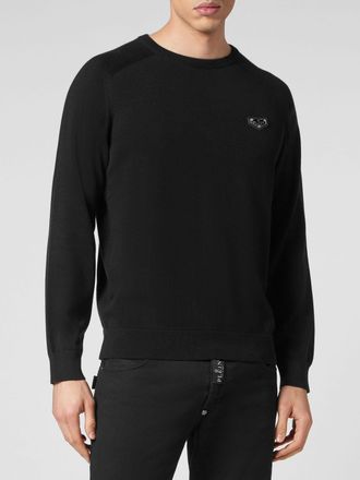 Philipp Plein Maglia girocollo in cotone a maniche lunghe con polsi a costine