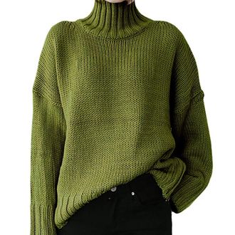 Generic Cotton Roll Neck Tops for Women Jumpers UK Casual Turtleneck Long Sleeved Solid Color Knit Pullover Oversized Jumper (Green, L)