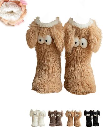 Generic Cozy Socks with Eyes,Cute Eye Winter Fuzzy Non-slip Slipper Socks,Fuzzy Soft Cozy Comfortable Socks for Women,Home Floor Shoes (Brown)