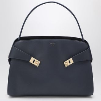 Ferragamo Navy und Braun Leder Hug Soft L Handtasche