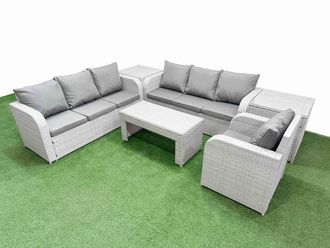 Fimous 7 Seater Poly Rattan Outdoor Garden Furniture Oblong Coffee Table Sofa Set Patio 3 Seater Sofa Reclining Chair 3 Seater Sofa 2 Side Table