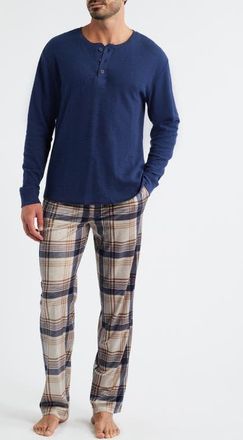 Majestic International Crossroads Long Sleeve Henley & Plaid Fleece Pajama Pants Set in Coffee at Nordstrom, Size Xx-Large