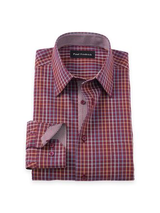 Paul Fredrick Slim Fit Non-iron Cotton Check Dress Shirt With Contrast Trim